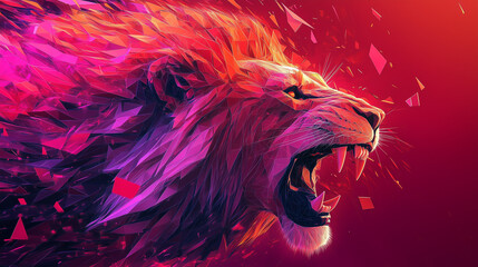 Wall Mural - Geometric Fiery Lion Roaring With Explosive Shapes In Vibrant Hues Of Pink And Orange