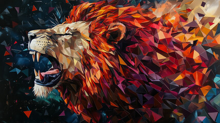 Wall Mural - Polygonal Lion Roaring with Dark Background and Explosive Shards