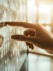A hand reaching for a holographic computer screen with data and programming code