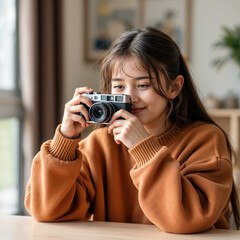 A young asian girl with long dark hair in a bun, wearing a gray sweater, holding a camera and smiling