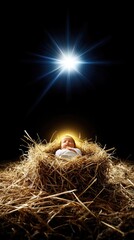 Poster - A rustic manger holds a sleeping baby Jesus, bathed in a soft glow from a starlight above amidst a dark background