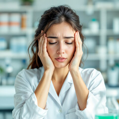 A young Caucasian woman with long brown hair looking stressed and holding her head in her hands while sitting at a desk