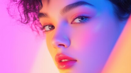 A close-up portrait featuring a person with glittery makeup against a vibrant pink and blue background, showcasing artistic lighting and colorful aesthetics.