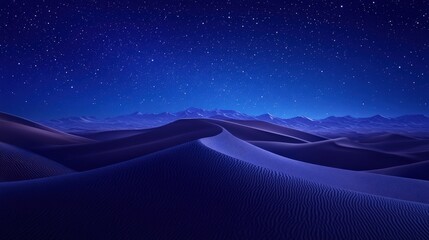 Navy Gradient Starry Sky over Desert Landscape with Sand Dunes. Modern and Peaceful Night Background