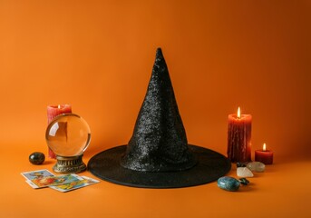 Composition of fortune-telling attributes with a witch hat and a crystal ball on an orange background