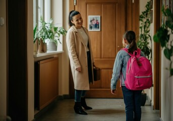 Mother is smiling at her daughter who is leaving for school, with a pink backpack on her back