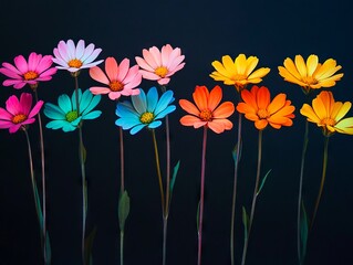 Wall Mural - A group of colorful flowers on a black background