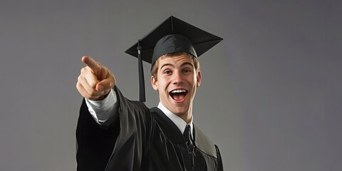 Male Graduate Celebrating in Cap and Gown with a Bright Smile, Capturing the Joy of Academic Achievement on Graduation Day, Set Against a School Background