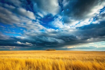 Blue autumn sky with gray clouds over field yellow grasses minimalist