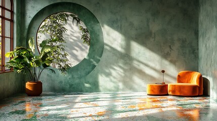 Wall Mural - vibrant terrazzo flooring pattern with lively shades of emerald green bright orange and soft white s