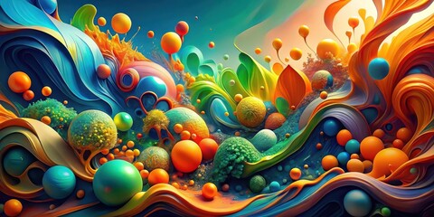 Poster - A vibrant abstract landscape with swirling colors and floating spheres, creating a surreal and mesmerizing visual experience.