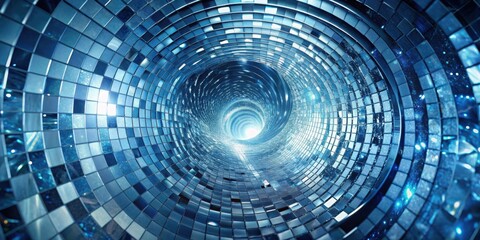 Fototapete - A shimmering blue tunnel of light, created with an abstract design of geometric shapes, leads towards a bright light at the end of the path.