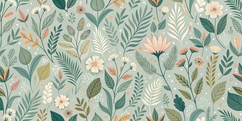 Poster - A Delicate Pattern of Soft Green Leaves and Pastel Blossoms on a Light Green Background