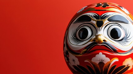  Japanese daruma doll in a red background, symbolizing perseverance and good luck, culture of Japan