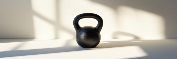 A black kettlebell sits on a bright surface, casting shadows in the daylight, showcasing its simplicity and suitability for exercise routines. Generative AI