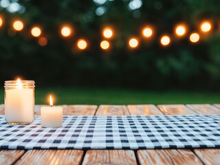 Poster - Two lit candles sit atop a black and white checkered tablecloth on a wooden table with string lights glowing softly in the background