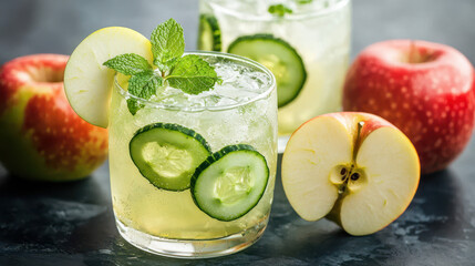 Refreshing cucumber apple cocktail garnished with mint leaves, served in a clear glass, alongside fresh apples on a dark surface