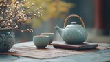 Traditional Japanese tea set with a teapot and cups, arranged on a bamboo mat