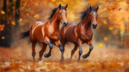 two brown horses running powerfully in an autumn scene