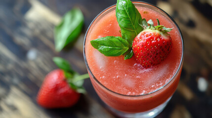 Refreshing strawberry basil cocktail garnished with fresh strawberries and basil leaves served in a glass on wooden background