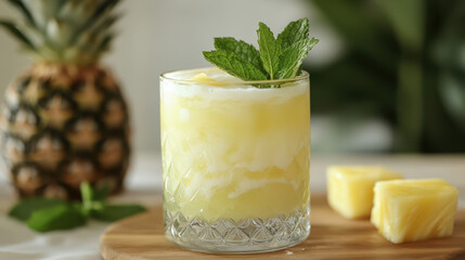 Refreshing pineapple beverage topped with mint leaves, served in a clear glass with diced pineapple and a tropical feel