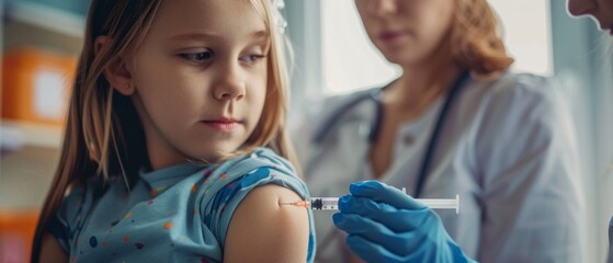 a serious little girl, wearing an unspecified shirt, receives an injection from a medical profession