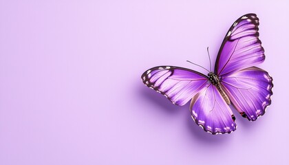 A vibrant purple butterfly gracefully rests on a soft lavender background, showcasing intricate wing patterns and colors.