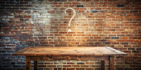 Aufkleber - Rustic wooden table with a brick wall background and a white chalk drawn question mark