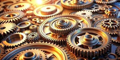Aufkleber - A close-up of a system of intricate metallic gears, showcasing the complex interplay of mechanical components and their synchronized motion.