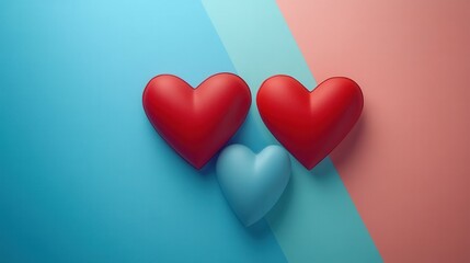 Three heart shapes sit on a split background of pastel blue and pink. The two larger hearts are red, while the smaller heart is a soft blue, creating a visually appealing contrast and expression of lo