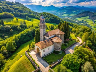 Aerial View of Saint Stephen Catholic Church Near Villabruna, Feltre, Italy - Scenic Landscape Photography