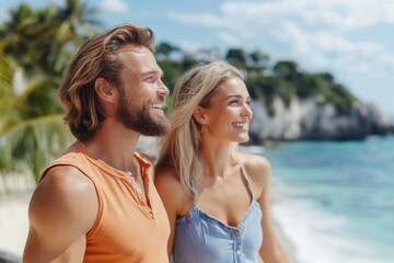 A couple stands side by side, smiling and soaking up the sun on a beautiful beach. The clear turquoise water laps at the shore while palm trees sway in the gentle breeze, creating a perfect tropical a