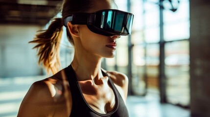 A woman is wearing a pair of virtual glasses, engaging with a digital world around her.