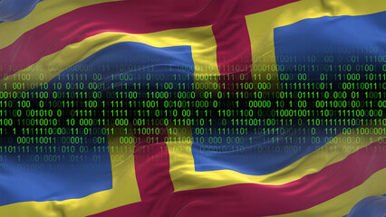 Aland flag - 3D realistic waving flag on matrix digital background with binary code