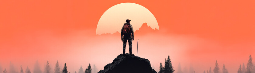 A silhouette of a hiker standing on a rocky peak, gazing at a vibrant sunset. The warm colors of the sky blend harmoniously, evoking feelings of adventure and tranquility.