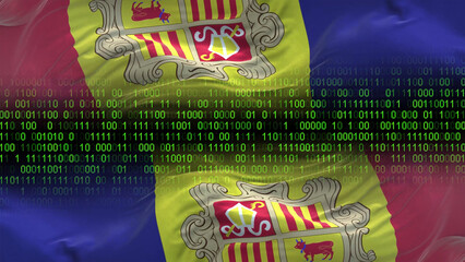 Andorra flag - 3D realistic waving flag on matrix digital background with binary code
