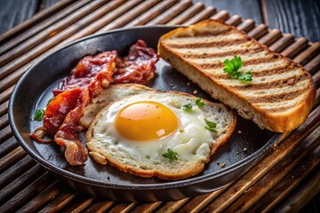 breakfast meal with bacon, egg, and bread on grill