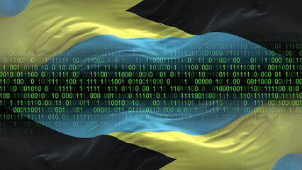 Bahamas flag - 3D realistic waving flag on matrix digital background with binary code