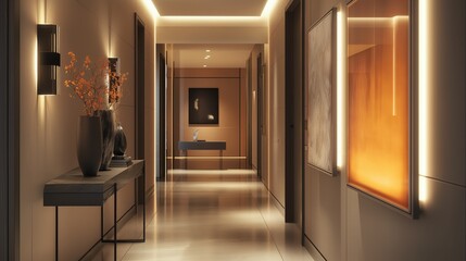 Wall Mural - An elegant hallway equipped with smart lighting that turns on with motion sensors, showcasing modern art pieces and a sleek console table.