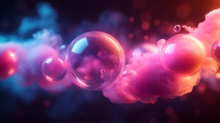 Poster - Colorful bubbles drift through a vibrant and misty backdrop, combining shades of pink and blue, creating a surreal and dreamlike atmosphere.