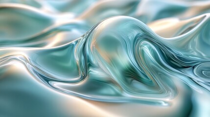 Poster - The fabric gently flows in soft waves, reflecting shades of teal and silver under soft lighting, showcasing an elegant and tranquil movement.