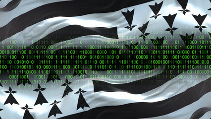Brittany flag - 3D realistic waving flag on matrix digital background with binary code