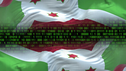 Burundi flag - 3D realistic waving flag on matrix digital background with binary code