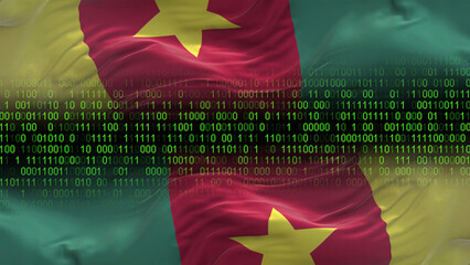 Cameroon flag - 3D realistic waving flag on matrix digital background with binary code