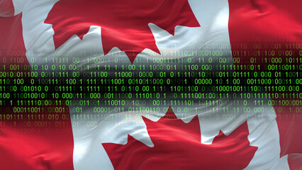 Canada flag - 3D realistic waving flag on matrix digital background with binary code