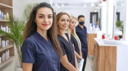 Five skilled salon professionals stand in a modern salon, each dressed in dark uniforms, ready to serve clients. The bright interior features products on shelves and a welcoming atmosphere, ideal for 