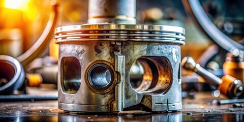 Poster - A close-up of a worn piston with a sunlit background showing the details of a mechanical workshop