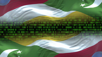 Comoros flag - 3D realistic waving flag on matrix digital background with binary code