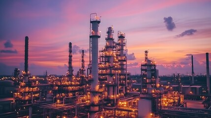 Glowing Oil Refinery Plant at Sunset With Massive Industrial Infrastructure