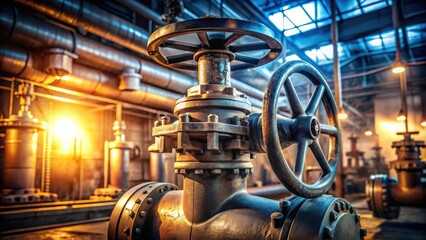 Poster - A close-up of a large industrial valve with a wheel handle in a factory setting, surrounded by pipes and lighting fixtures.